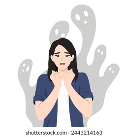 Asian woman with Schizophrenia or post traumatic stress mental disorder. Flat vector illustration isolated on white background