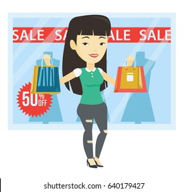 Asian woman with shopping bags standing in front of clothes shop with sale sign. Woman holding bags in front of storefront with text sale. Vector flat design illustration isolated on white background.