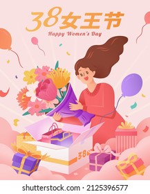 Asian woman shopping on International Women's Day. Sale poster. Translation: Happy Queen's Day. 8th March