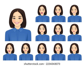 Asian woman with short haircut different facial expressions set isolated vector illustration