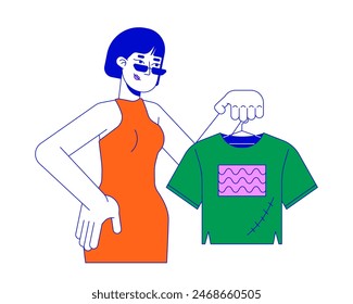 Asian woman showing fixed t shirt line cartoon flat illustration. Japanese female taking care of old clothes 2D lineart character isolated on white background. Consumption scene vector color image