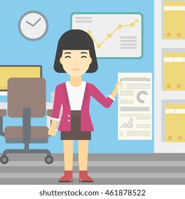 An asian woman  showing her business presentation with some text and charts. Woman giving a business presentation in the office. Vector flat design illustration. Square layout.