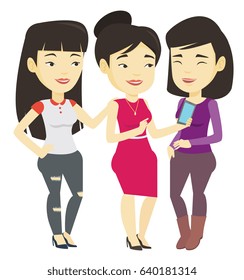 Asian woman showing something to her friends on her smartphone. Three friends looking at smartphone and laughing. Woman using smartphone. Vector flat design illustration isolated on white background.