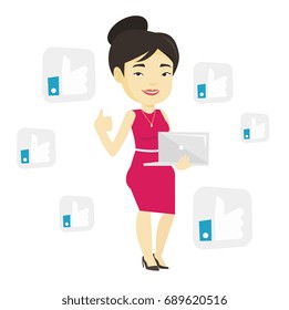 Asian woman showing thumb up and like social network buttons around her. Woman with laptop and like social network buttons with thumb up. Vector flat design illustration isolated on white background.