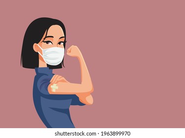 Asian Woman Showing Vaccinated Arm Vector Illustration. Vaccine distribution for general population concept illustration 
