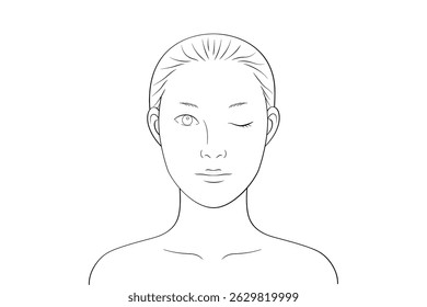 Asian woman with single eyelid, one eye closed, no makeup, front view, line drawing for makeup practice and simulation
