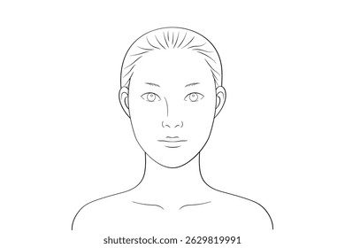 Asian woman with single eyelids, no makeup, front view, line drawing for makeup practice and simulation