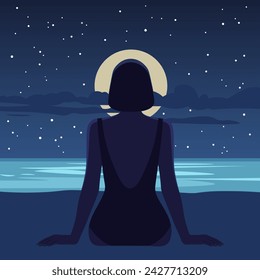 An Asian woman sits alone on a sandy beach at night, enjoying the view of the sea. View from the back. Summer vacation at southern resorts. Vector flat illustration