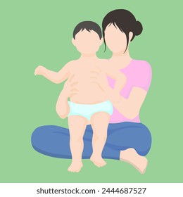 Asian woman sits cross-legged on the floor and supports a child walking in a diaper. simple vector style in realistic silhouette without face. baby's first steps