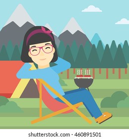 An asian woman sitting in a folding chair in the camp. Travelling woman relaxing and enjoying her camping holiday near the tent. Vector flat design illustration. Square layout.