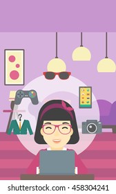 An asian woman sitting in front of laptop and some images of goods around her. Woman doing online shopping. Woman buying on the internet. Vector flat design illustration. Vertical layout.