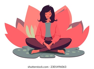 Asian woman is sitting in lotus pose and relaxing. Hippie groovy retro vibe  