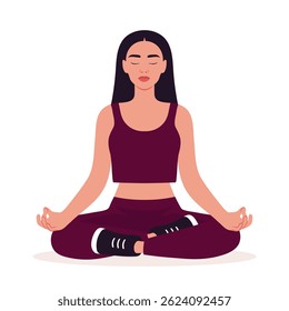 Asian woman is sitting in lotus pose. Meditating girl isolated on white background. Girl doing yoga. Vector illustration