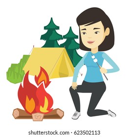 Asian woman sitting near campfire and roasting marshmallow over campfire. Tourist relaxing near campfire on the background of camping site. Vector flat design illustration isolated on white background