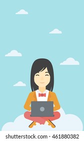 An asian woman sitting on a cloud with a laptop on her knees. Happy woman using cloud computing technology. Cloud computing concept. Vector flat design illustration. Vertical layout.