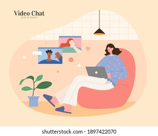 Asian woman sitting on sofa in loft and using laptop to make video call with other foreign people. Flat illustration, concept of online teaching or video chatting.