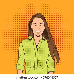 Asian Woman Smile Pop Art Colorful Retro Style Vector Illustration