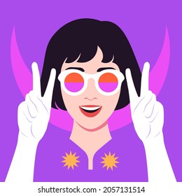 An Asian woman is smiling and showing a victory sign. A gesture. Bright vector flat illustration