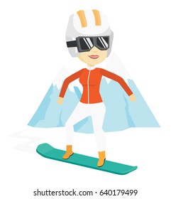 Asian woman snowboarding on the background of snow capped mountain. Snowboarder on piste in mountains. Woman snowboarding in the mountains. Vector flat design illustration isolated on white background