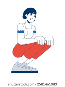 Asian woman squatting in relaxed pose 2D cartoon character. Casual dressed korean female adult crouching in comfortable pose isolated person flat vector on white background. Spot illustration colorful