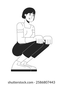 Asian woman squatting in relaxed pose black and white 2D line character. Casual dressed korean female adult crouching comfortable isolated vector outline person. Monochromatic spot illustration