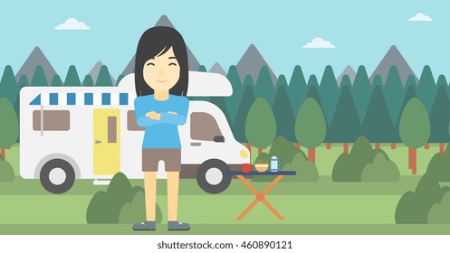 An asian woman standing in front of motor home. Woman with arms crossed enjoying vacation in camper van. Woman travelling by camper van. Vector flat design illustration. Horizontal layout.