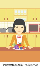 An asian woman standing in front of table full of fresh fruits in the kitchen. Woman with plate full of fruits. Healthy food concept. Vector flat design illustration. Vertical layout.