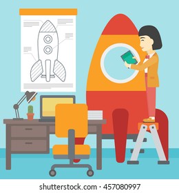 An asian  woman standing on ladder and engeneering a rocket. Woman working on the start up of a new business. Business start up concept. Vector flat design illustration. Square layout.
