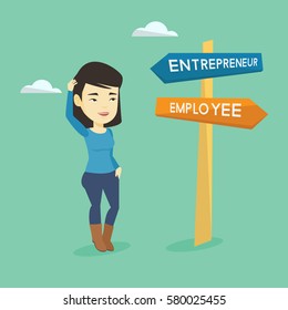 Asian woman standing at road sign with two career pathways - entrepreneur and employee. Woman choosing career way. Woman making a decision of her career. Vector flat design illustration. Square layout