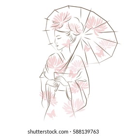 Asian woman with sun umbrella. Oriental style painting. Hand drawing illustration with beautiful oriental woman. Vector isolated on white background.