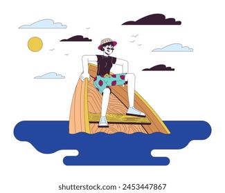 Asian woman surviving boat accident line cartoon flat illustration. Korean female in drowning vessel 2D lineart character isolated on white background. Danger on water scene vector color image