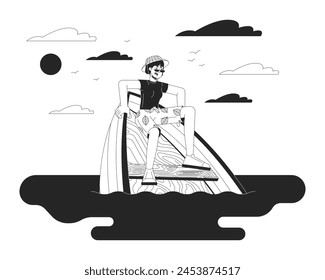 Asian woman surviving boat accident black and white cartoon flat illustration. Korean female in drowning vessel 2D lineart character isolated. Danger on water monochrome scene vector outline image