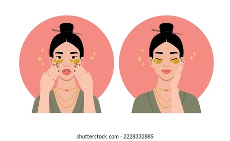 Asian woman takes care of her face using golden eye patches. Anti-aging cosmetic procedure.Flat cartoon vector morning skincare routine set. Portrait of a modern lady with traditional Asian hairsyle. 