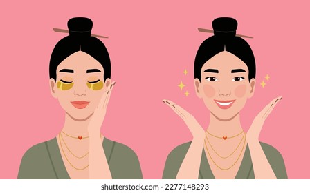 Mujer asiática se ocupa de su cara usando parches para los ojos dorados. Procedimiento cosmético antienvejecido.Juego de rutina de rutina de cuidado de la piel del vector de dibujos animados planos. Retrato de una mujer moderna con el tradicional peinado asiático. 