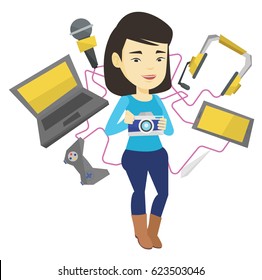 Asian woman taking photo with digital camera. Woman surrounded with gadgets. Woman using many electronic gadgets. Girl addicted to gadgets. Vector flat design illustration isolated on white background