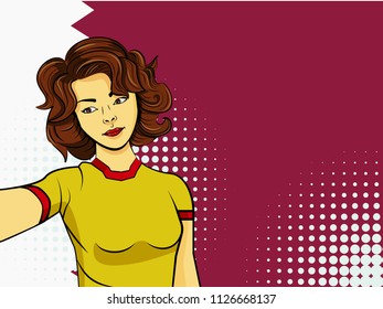 Asian woman taking selfie photo in front of national flag Qatar in pop art style illustration. Element of sport fan illustration for mobile and web apps on national flag background