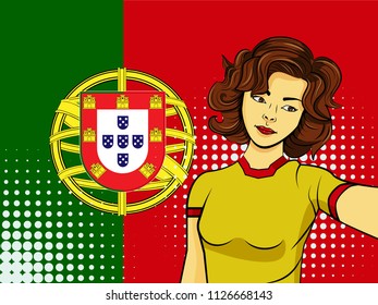 Asian woman taking selfie photo in front of national flag Portugal in pop art style illustration. Element of sport fan illustration for mobile and web apps on national flag background