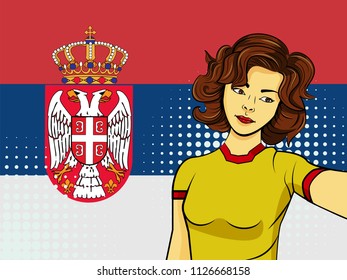 Asian woman taking selfie photo in front of national flag Serbia in pop art style illustration. Element of sport fan illustration for mobile and web apps on national flag background