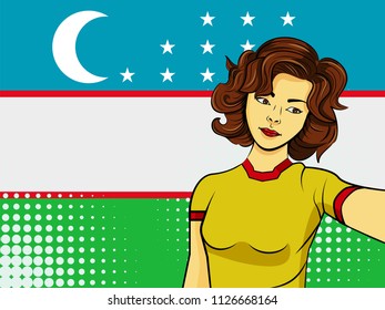 Asian woman taking selfie photo in front of national flag Uzbekistan in pop art style illustration. Element of sport fan illustration for mobile and web apps on national flag background
