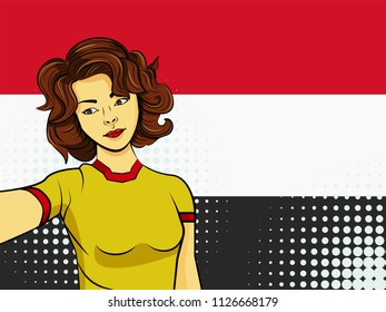 Asian woman taking selfie photo in front of national flag Yemen in pop art style illustration. Element of sport fan illustration for mobile and web apps on national flag background