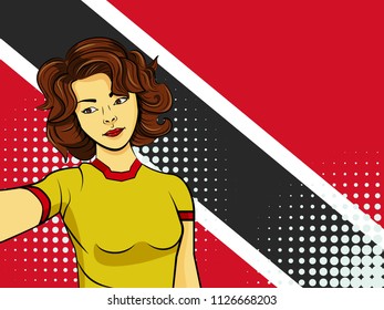 Asian woman taking selfie photo in front of national flag Trinidad and Tobago in pop art style illustration. Element of sport fan illustration for mobile and web apps on national flag background