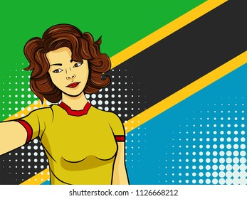 Asian woman taking selfie photo in front of national flag Tanzania in pop art style illustration. Element of sport fan illustration for mobile and web apps on national flag background