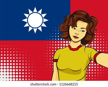 Asian woman taking selfie photo in front of national flag Taiwan in pop art style illustration. Element of sport fan illustration for mobile and web apps on national flag background