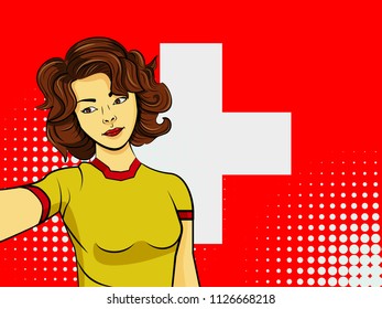 Asian woman taking selfie photo in front of national flag Switzerland in pop art style illustration. Element of sport fan illustration for mobile and web apps on national flag background