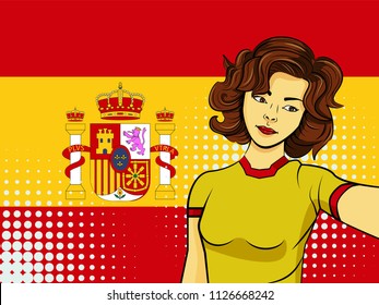 Asian woman taking selfie photo in front of national flag Spain in pop art style illustration. Element of sport fan illustration for mobile and web apps on national flag background