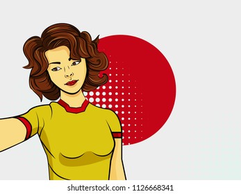 Asian woman taking selfie photo in front of national flag Japan in pop art style illustration. Element of sport fan illustration for mobile and web apps on national flag background