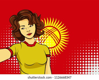 Asian woman taking selfie photo in front of national flag Kyrgyzstan in pop art style illustration. Element of sport fan illustration for mobile and web apps on national flag background