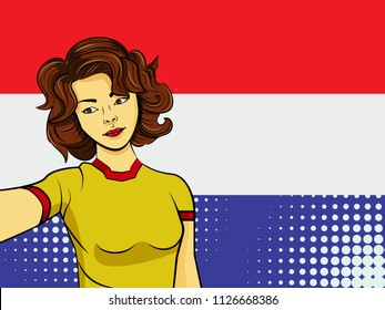 Asian woman taking selfie photo in front of national flag Netherlands in pop art style illustration. Element of sport fan illustration for mobile and web apps on national flag background