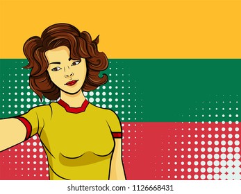 Asian woman taking selfie photo in front of national flag Lithuania in pop art style illustration. Element of sport fan illustration for mobile and web apps on national flag background