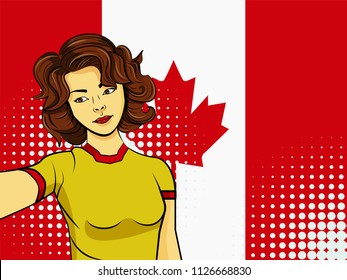 Asian woman taking selfie photo in front of national flag Canada in pop art style illustration. Element of sport fan illustration for mobile and web apps on national flag background